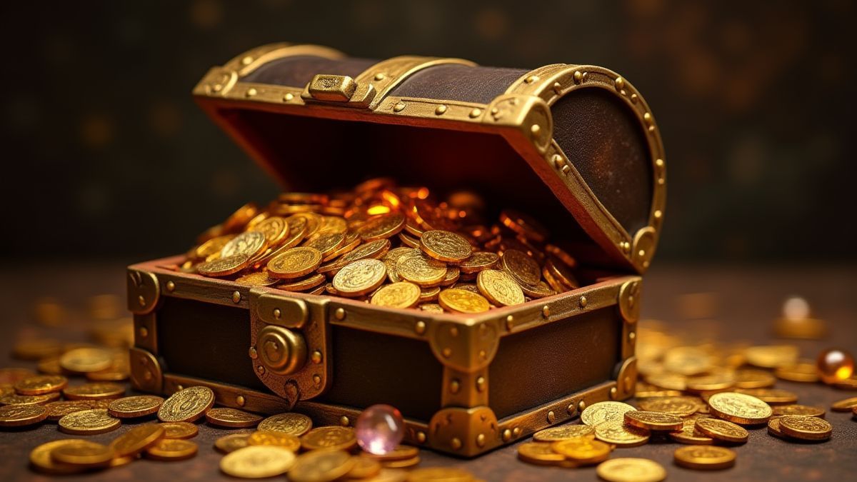 Un coffre au trésor débordant de pièces d'or et de bijoux.