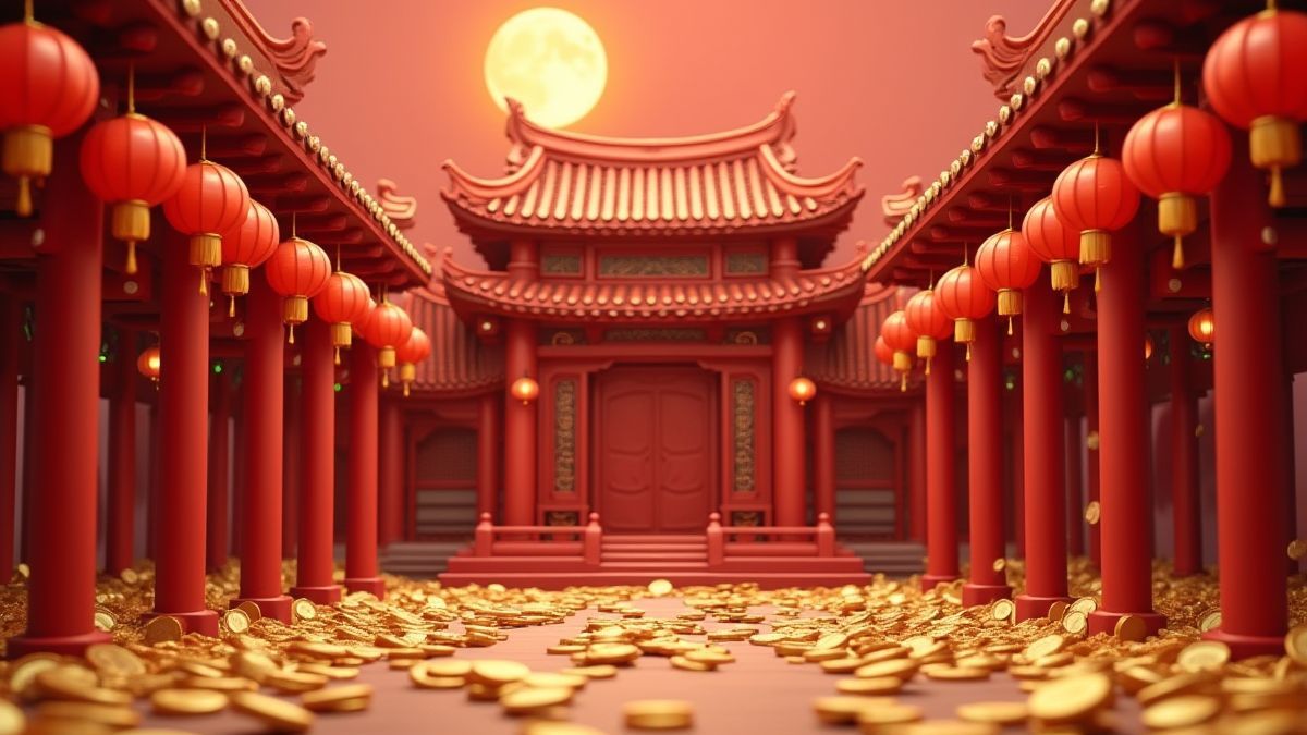 Un templo chino rodeado de monedas doradas y linternas rojas.