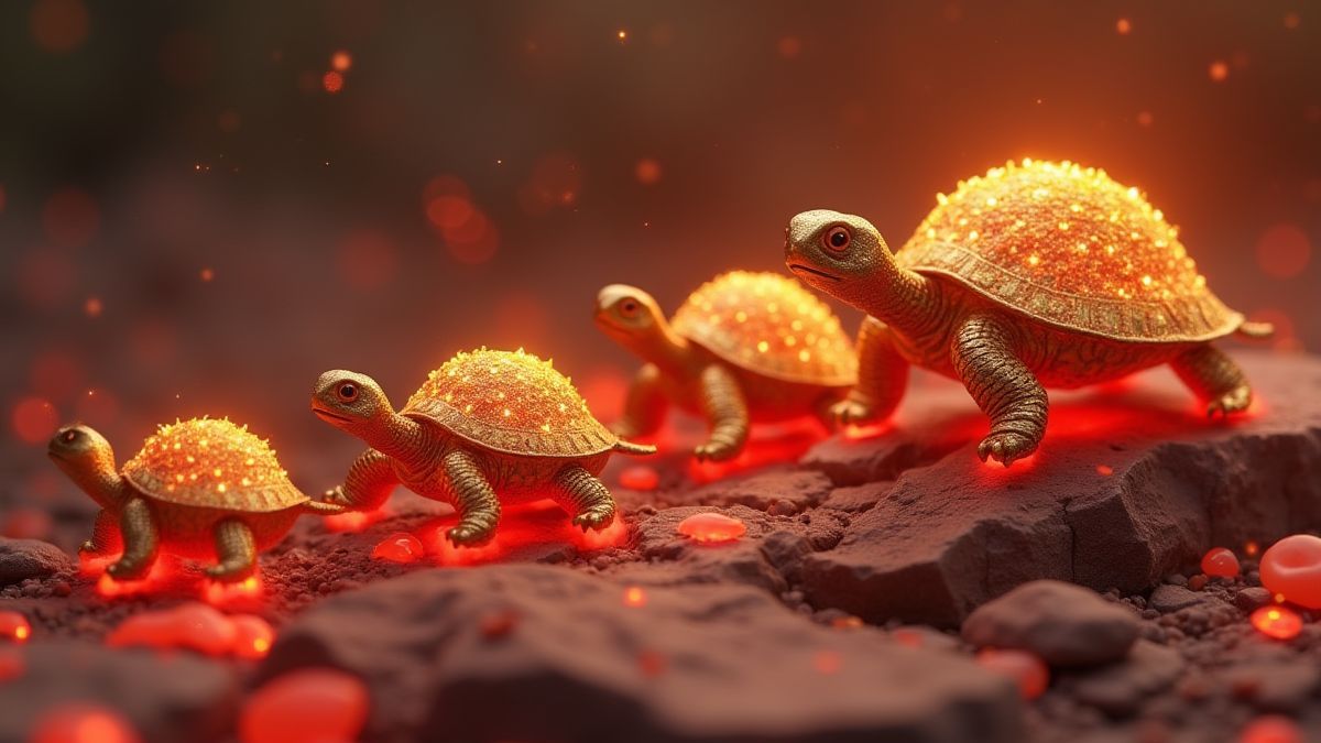 Tortugas doradas caminando sobre piedras rojas brillantes.