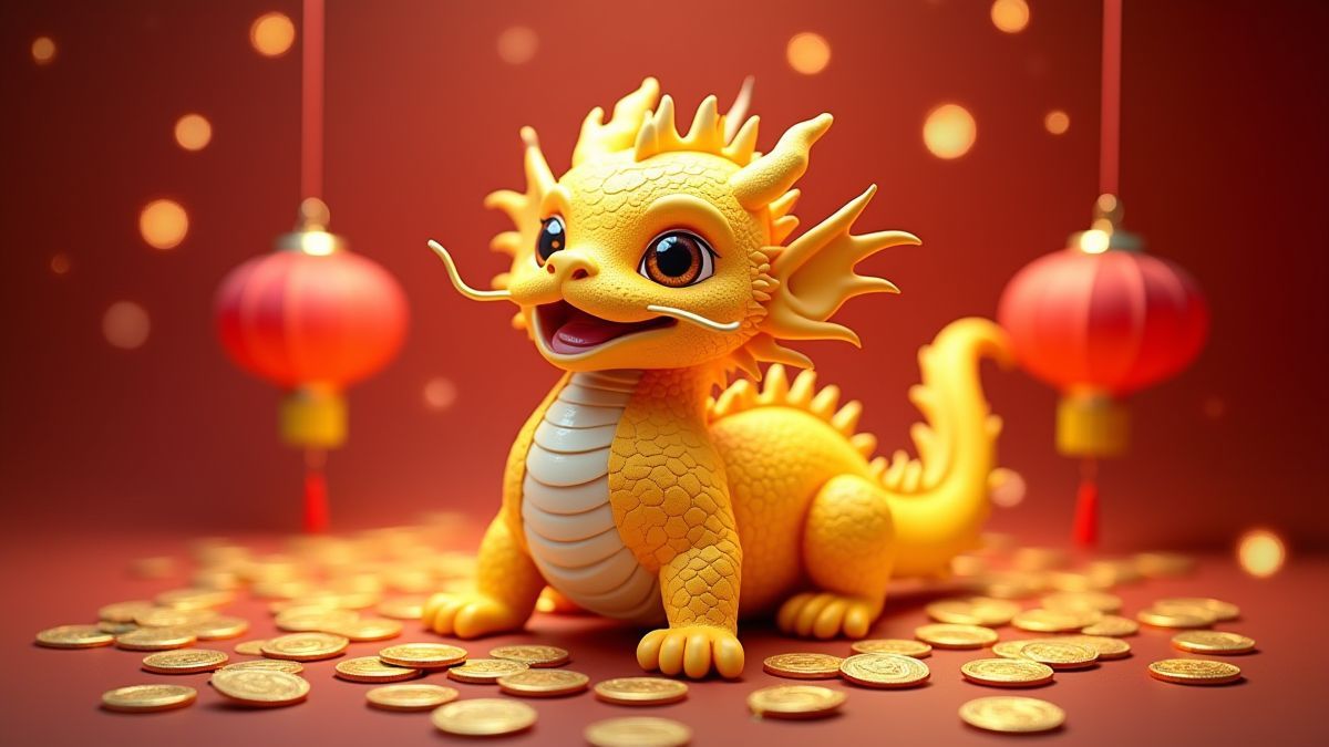 A golden dragon surrounded by glowing coins and red lanterns.