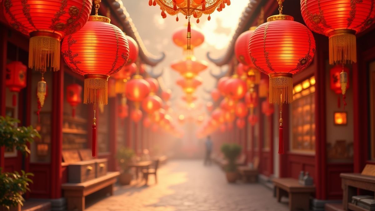 A traditional Chinese marketplace with red lanterns and golden decorations.