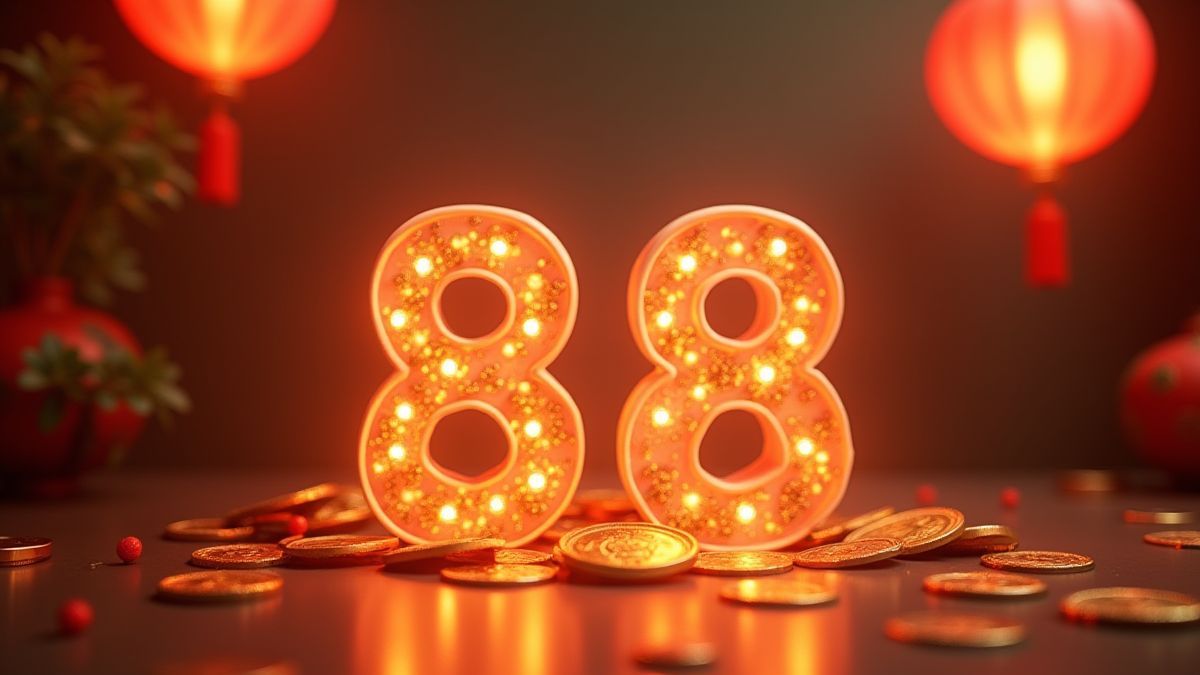 Gouden nummer 88 omringd door munten en drijvende lantaarns.