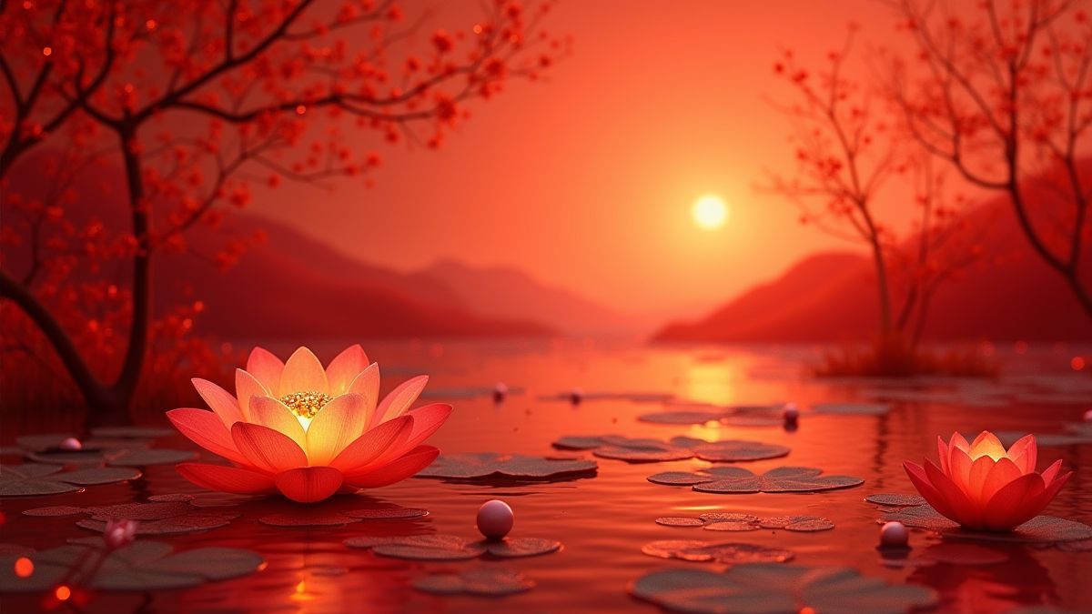 Paisagem asiática serena com tons vermelhos e dourados.