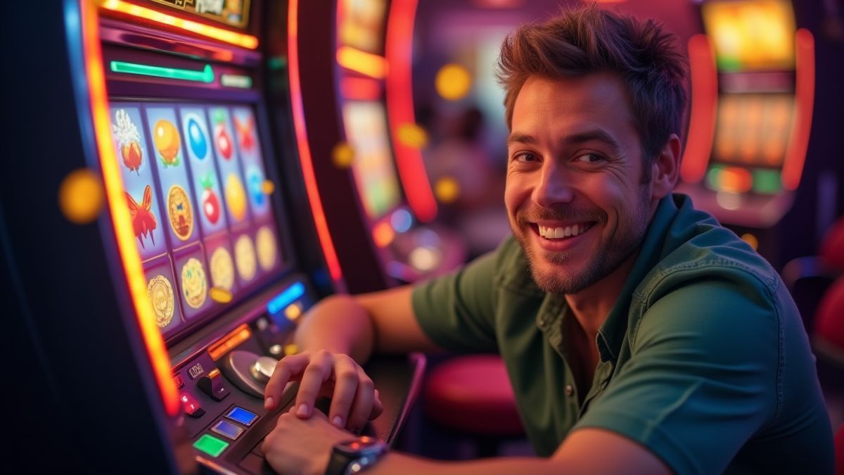 Jogador feliz frente a uma máquina caça-níqueis.