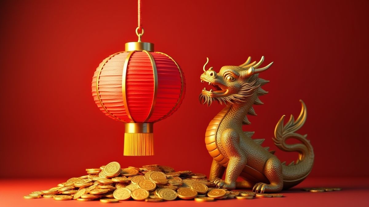 A traditional Chinese lantern surrounded by golden coins and a dragon statue.