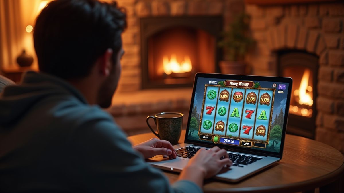 A player enjoying an online slot on a laptop from home.