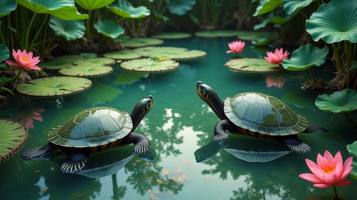Tropical environment with turtles and lotus flowers