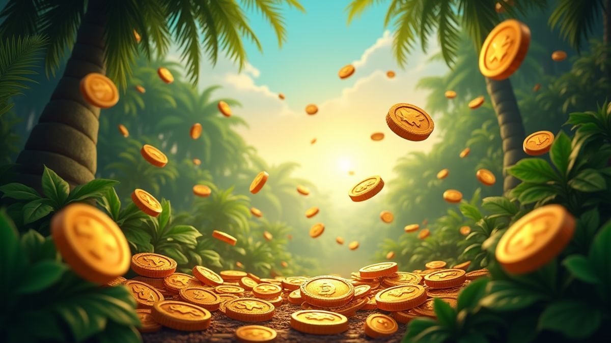 Scene with coins and multipliers in a tropical environment