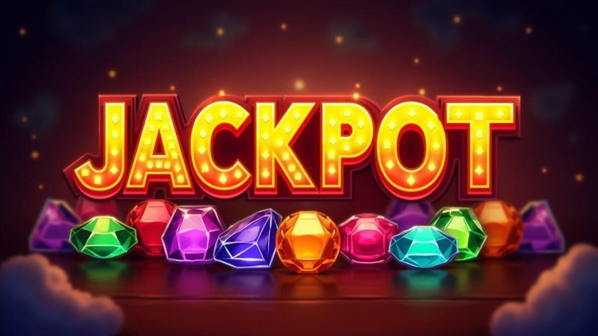 Un cartel de jackpot brillante rodeado de joyas coloridas.