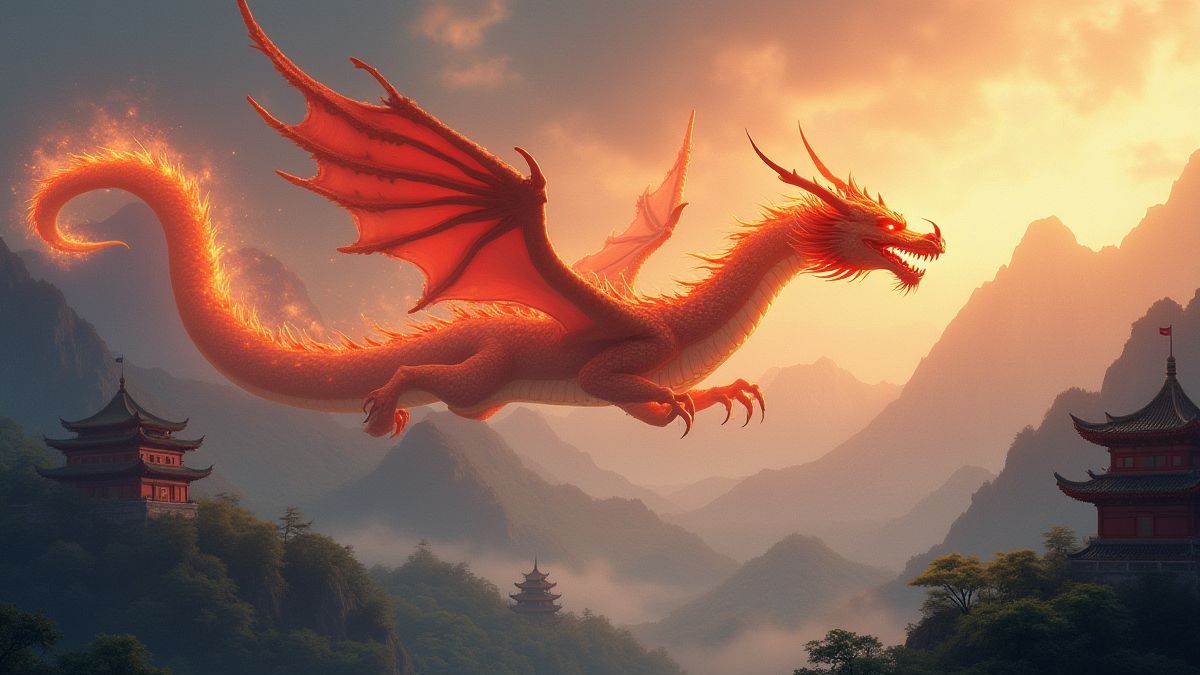Un dragón brillante sobrevolando un paisaje asiático antiguo con montañas y templos.