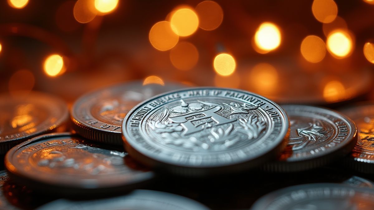 Shimmering platinum coins beside Christmas lights.