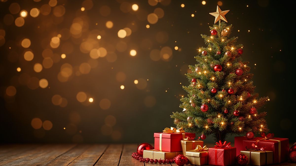A Christmas tree decorated with gifts and golden sparkles.