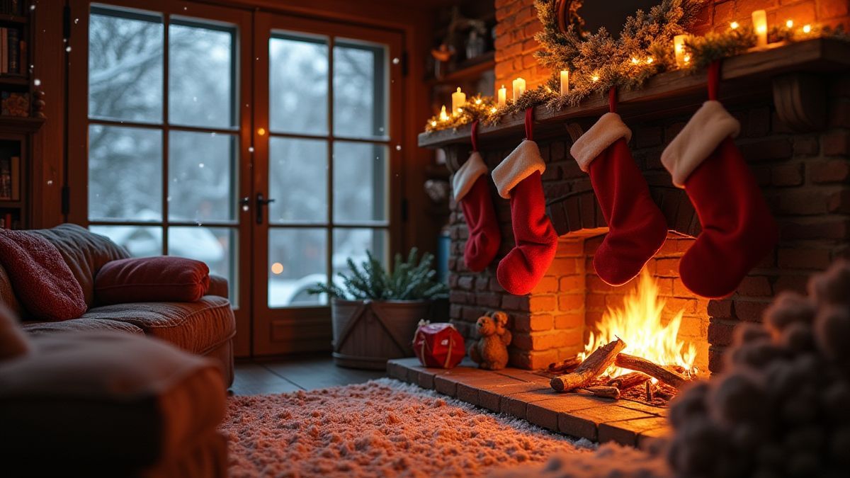 A cozy fireplace with stockings hanging and snow falling outside.