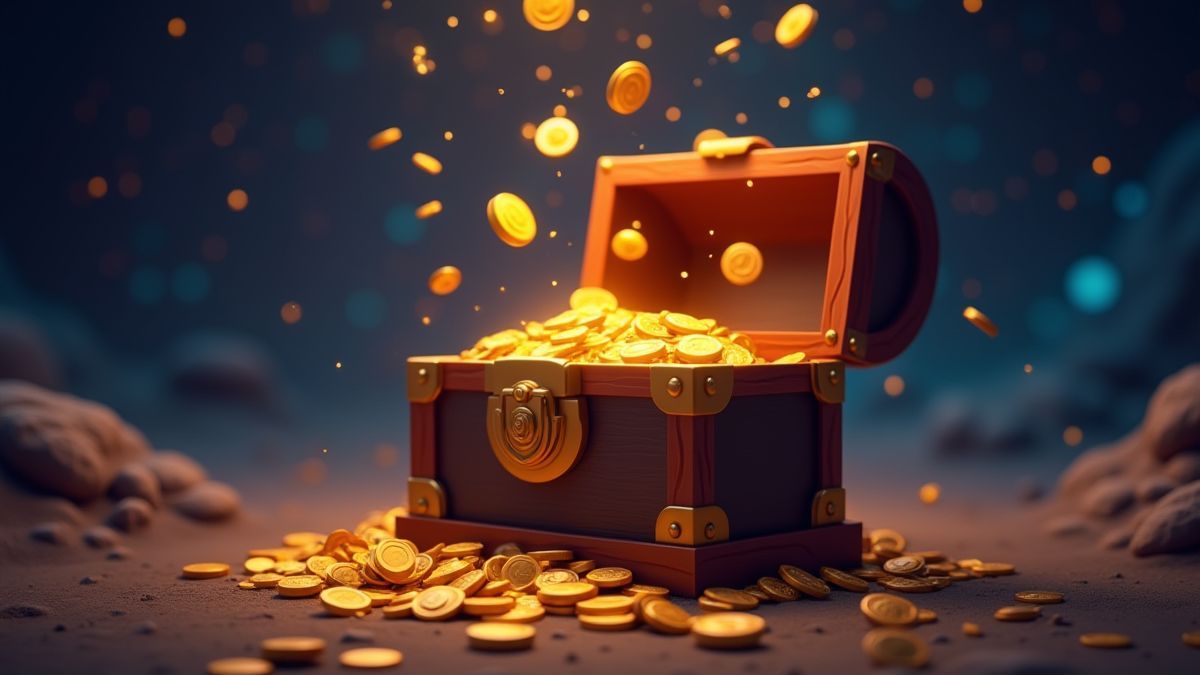 Coins falling into a treasure chest in a cosmic environment