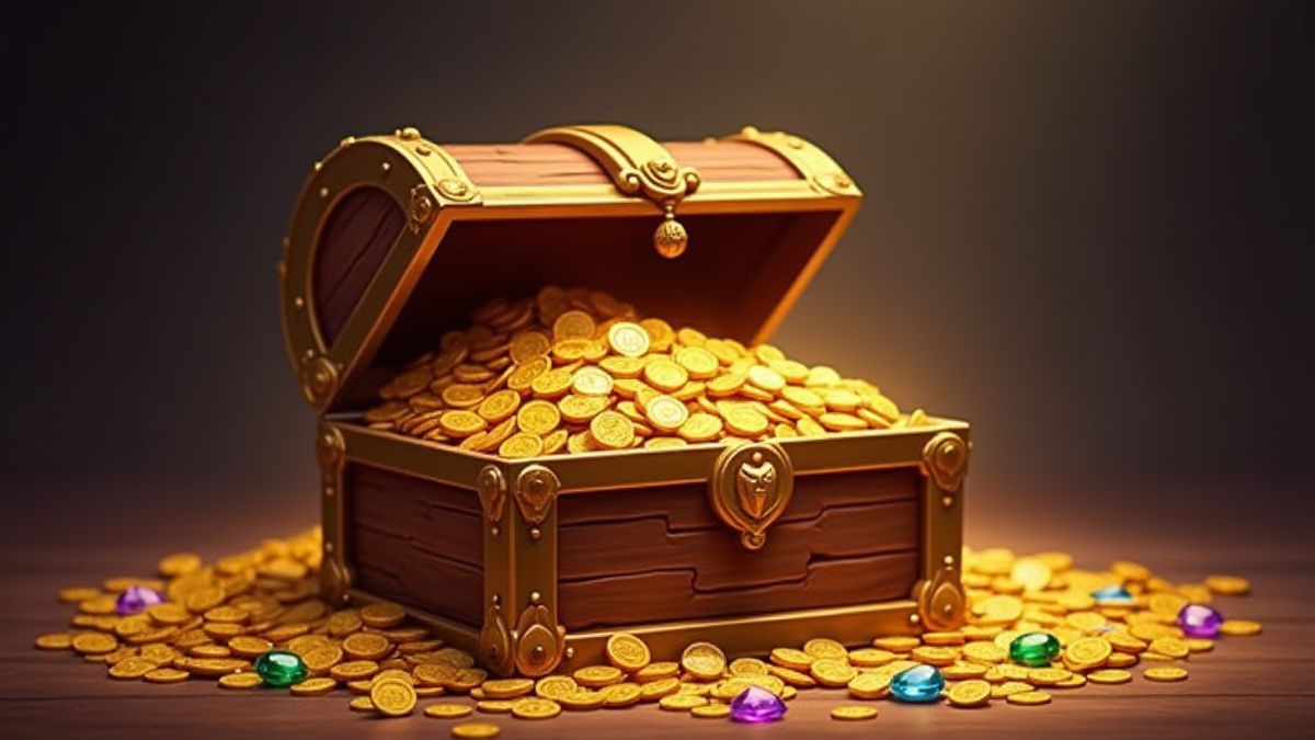 Un cofre del tesoro lleno de monedas de oro y gemas.
