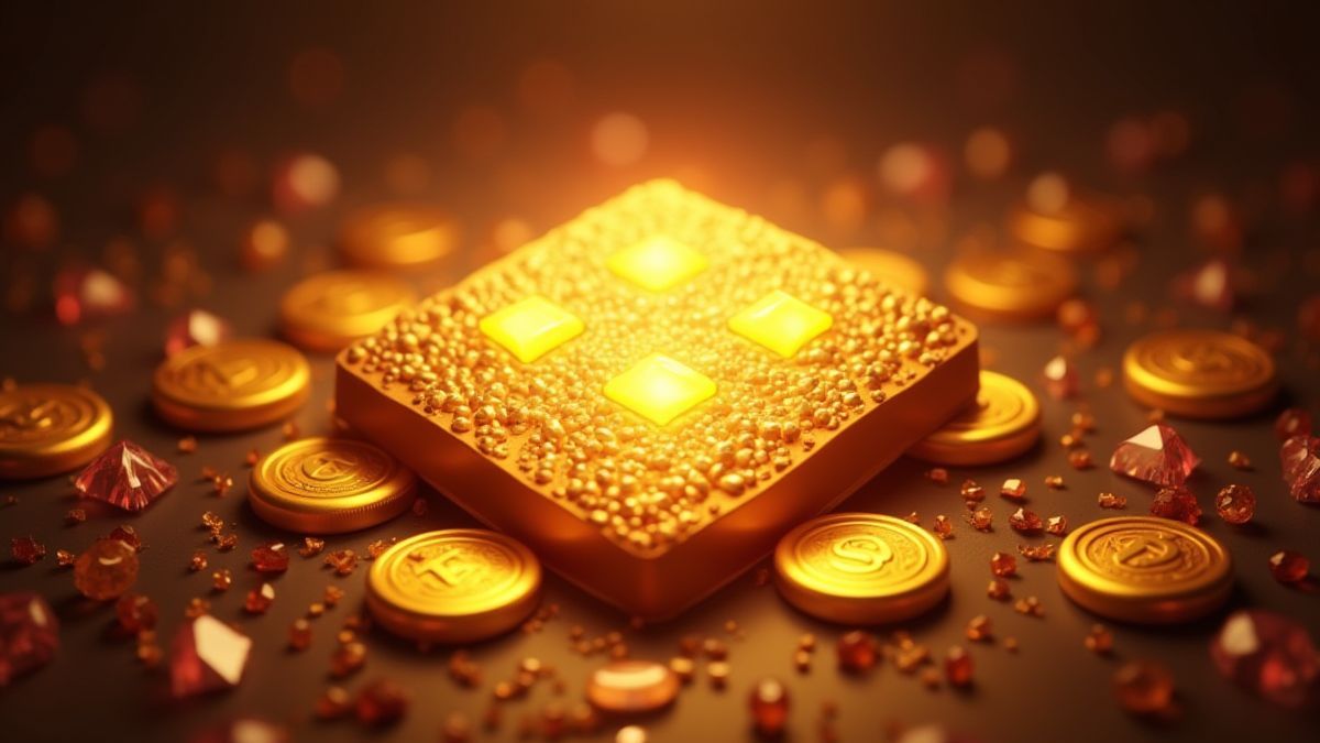 Un design d'une grille 3x3 entourée de pièces dorées et de bijoux brillants.