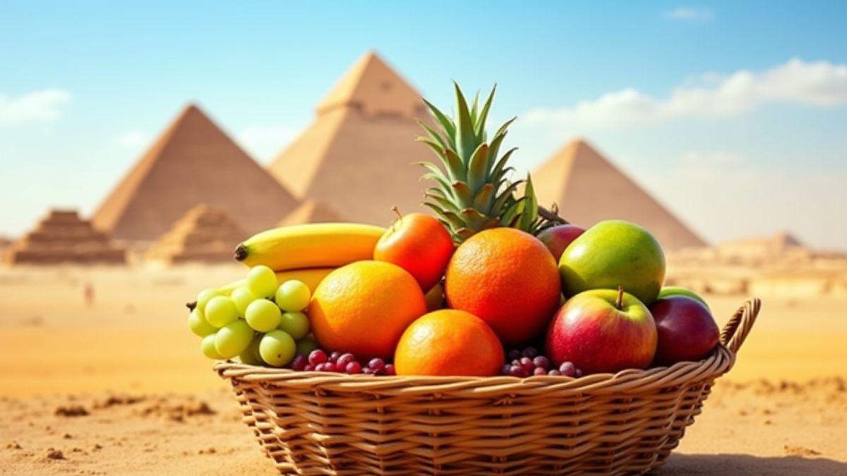 Cesta de frutas con pirámides de fondo.