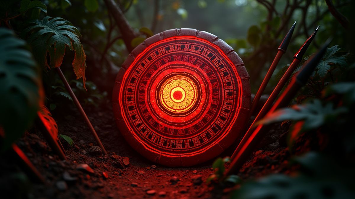 Escudo africano tribal rodeado de lanzas y vegetación.