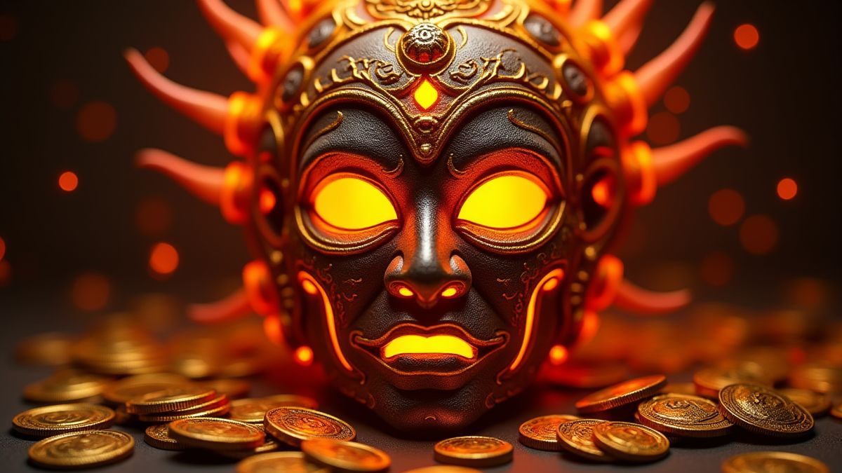Máscara tribal rodeada de monedas de oro y llamas.