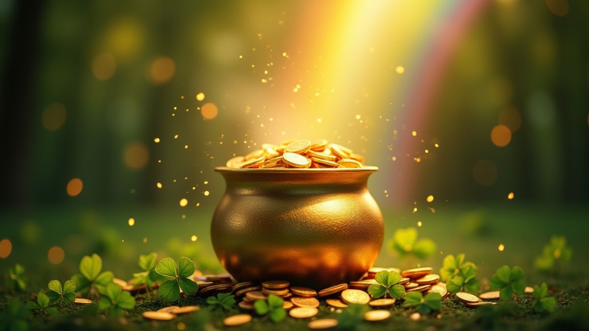 Una olla dorada llena de monedas con tréboles y arcoíris.