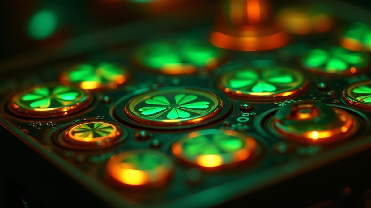 Interface de máquina caça-níqueis com símbolos irlandeses e botões luminosos