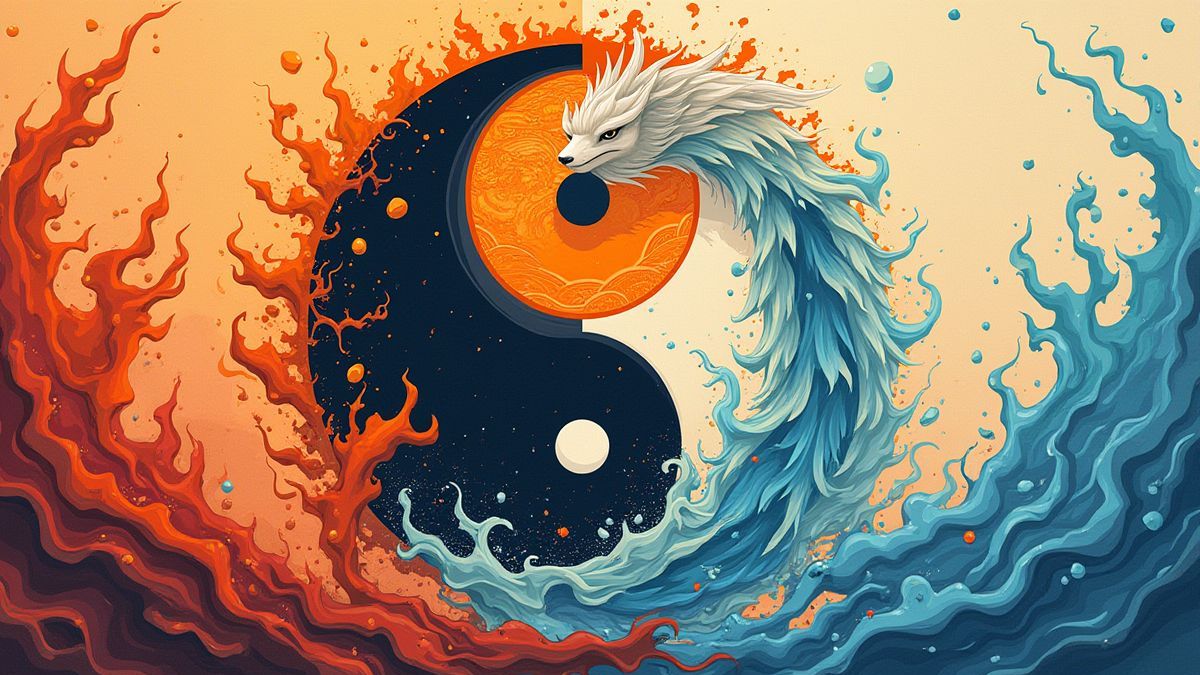 Motiv von Yin und Yang umgeben von Feuer und Wasser