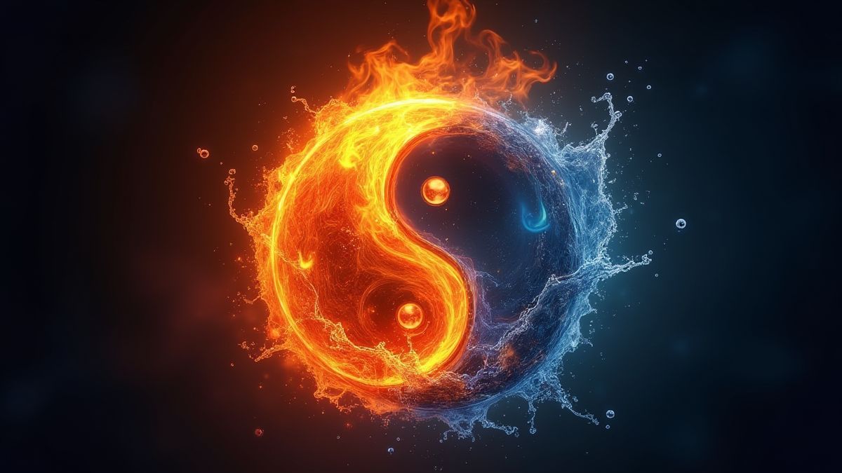Leuchtendes Yin-Yang-Symbol umgeben von Feuer und Wasser