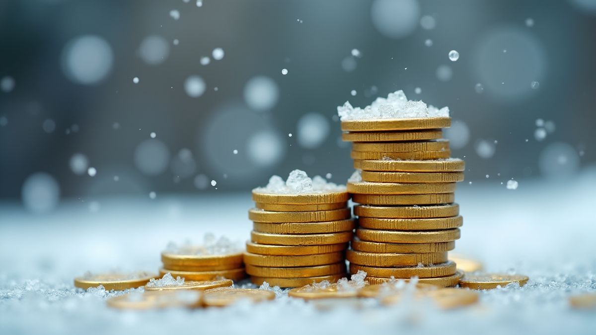Monedas de oro sobre una superficie helada con copos de nieve cayendo.