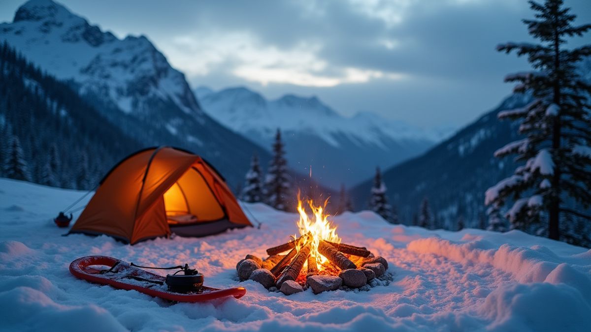 Fogata en un paisaje montañoso nevado con una tienda de campaña y raquetas de nieve cercanas.