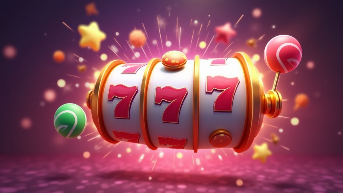 Draaiende slotrollen met geanimeerde snoepsymbolen die eruit vliegen.