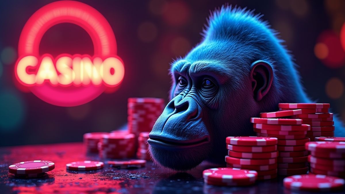 Luces de casino con un motivo de gorila y fichas de póker.