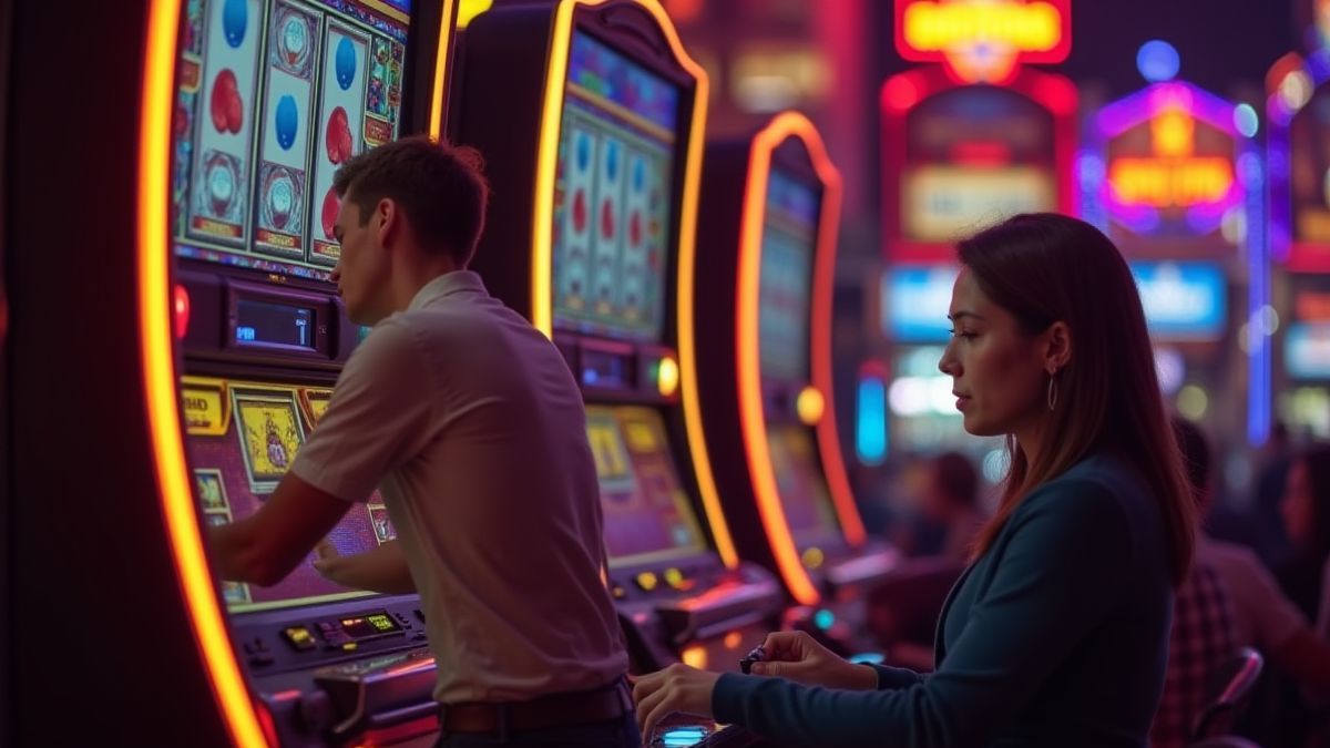 Jugador creando estrategias frente a una máquina tragamonedas estilo Las Vegas.