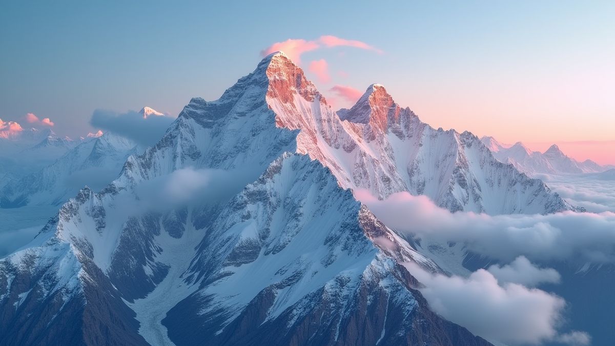 Vista do Monte Everest coberto de neve ao amanhecer.
