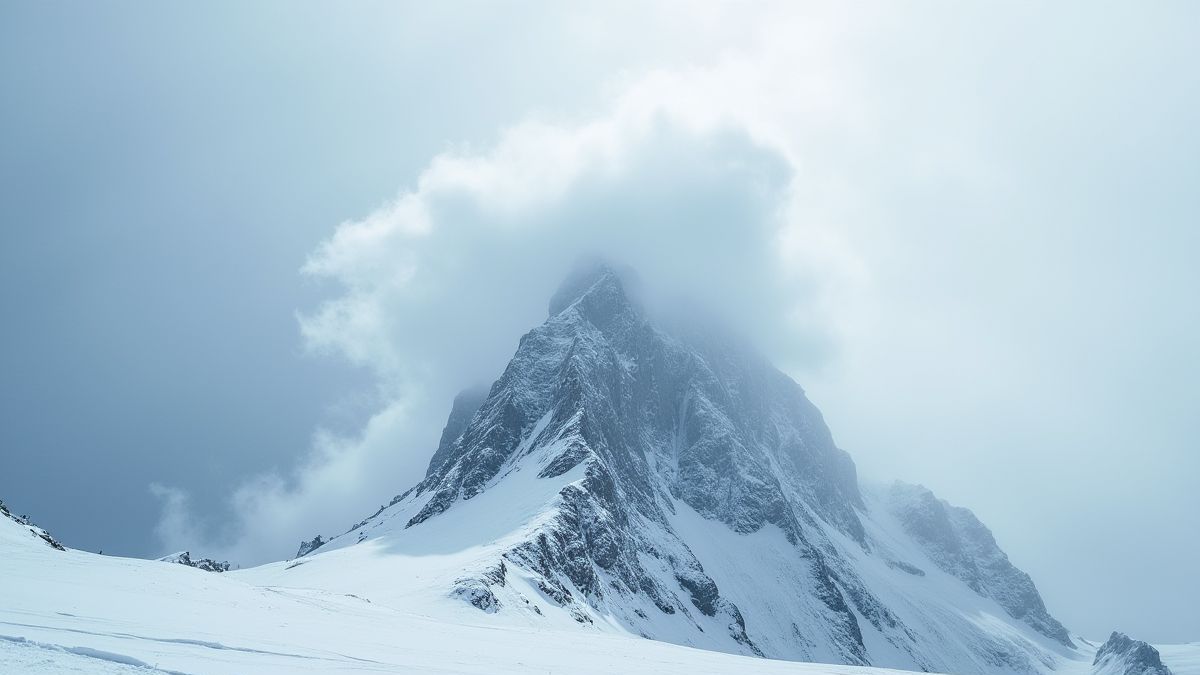 Tormenta de neve girando sobre uma cima montanhosa.