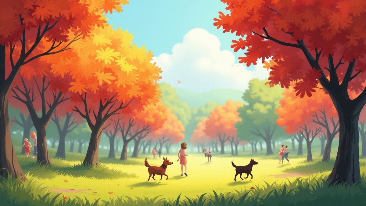 Un parque animado con perros jugando y personas paseando.