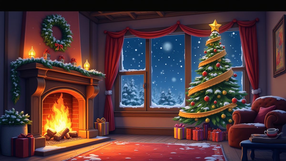 Una habitación navideña con chimenea y nieve afuera.