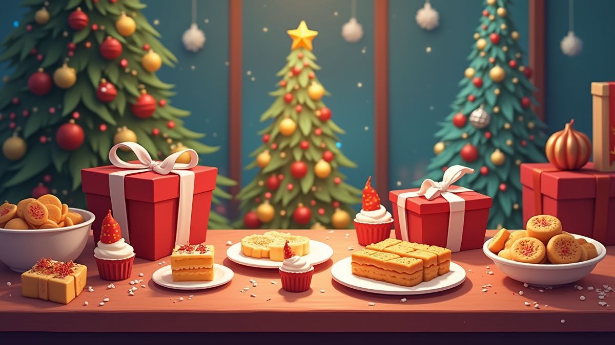 Mesa festiva con dulces y regalos navideños.