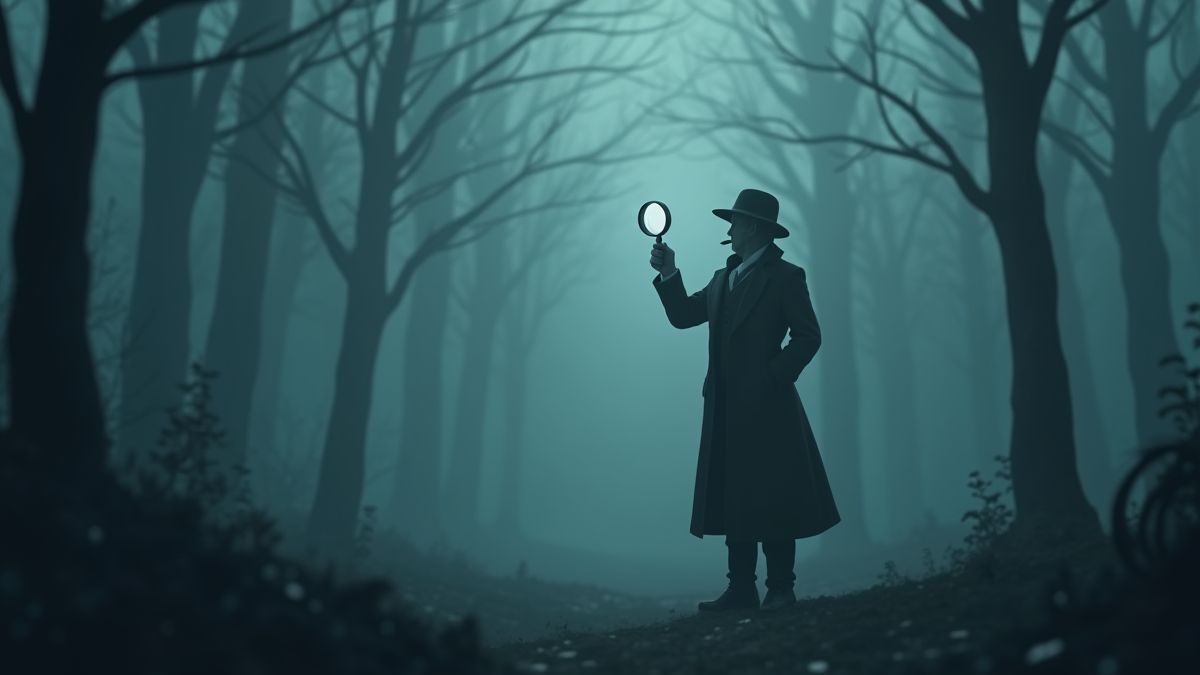 Détective victorien enquêtant dans une forêt