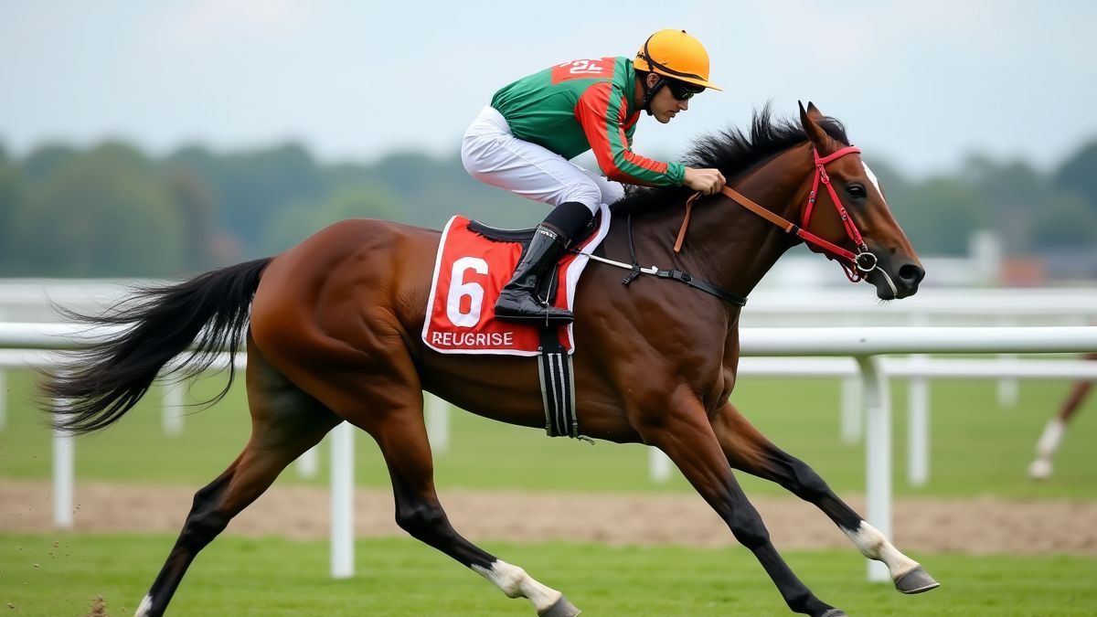 Jockey montant un cheval coloré à pleine vitesse sur une piste de course.