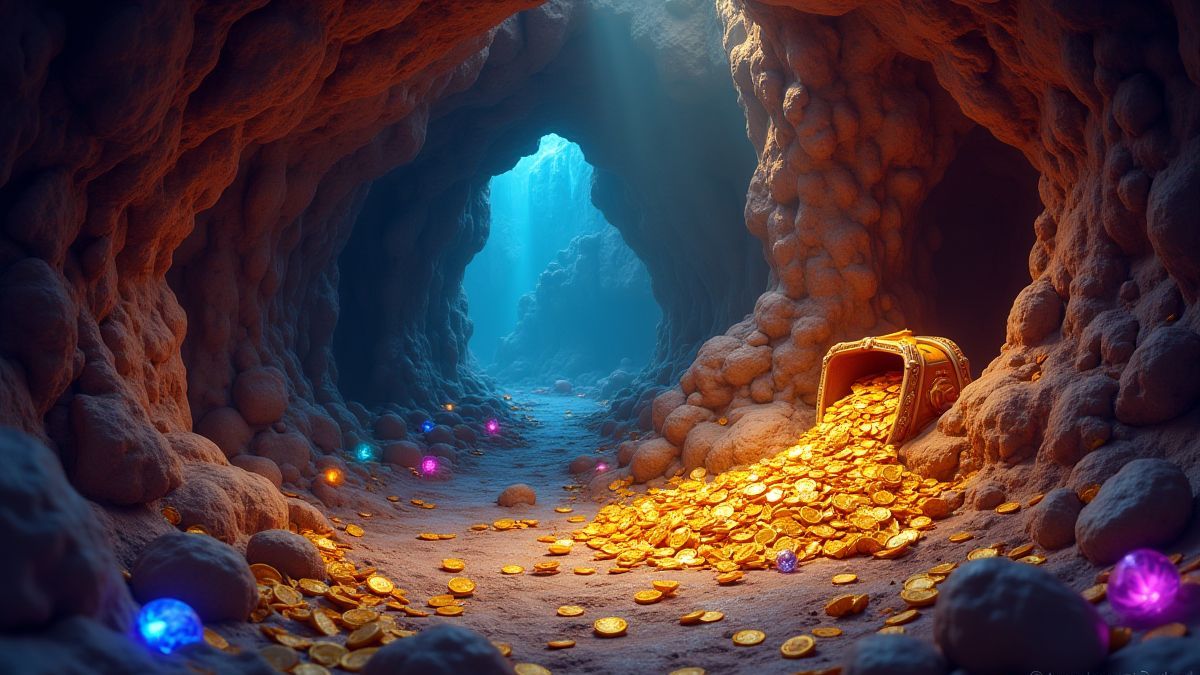 Eine Höhle voller Schätze mit goldenen Münzen und funkelnden Juwelen.