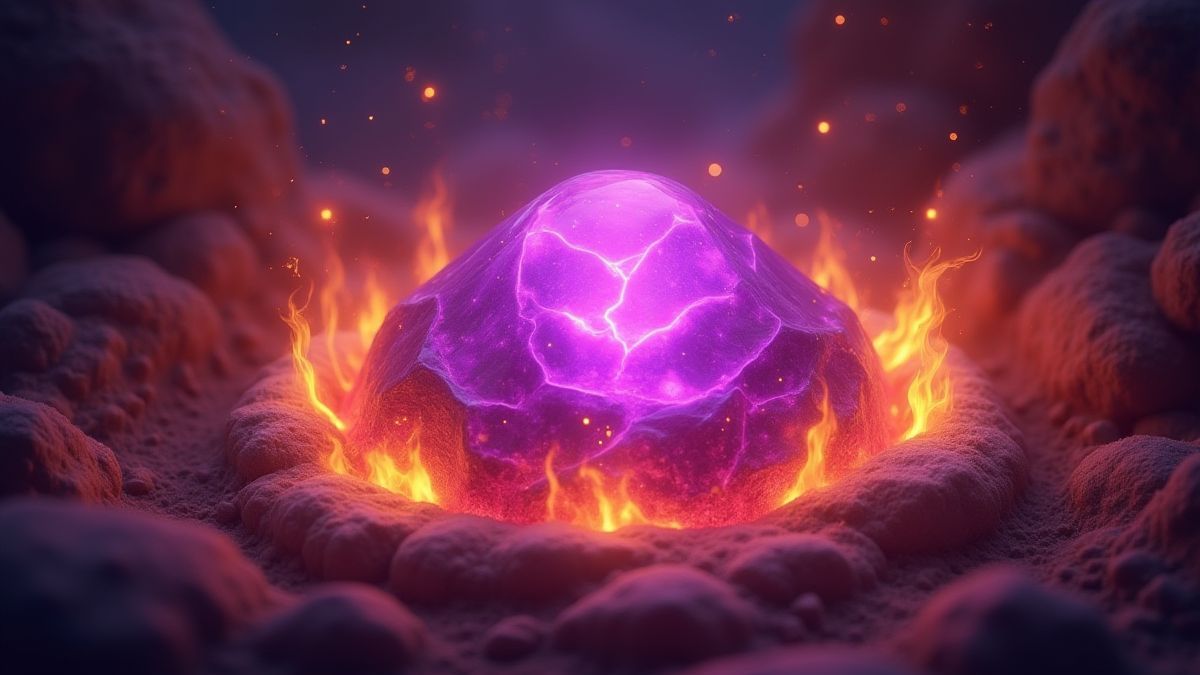 Ein leuchtendes lila Juwel, umgeben von mystischen Flammen.