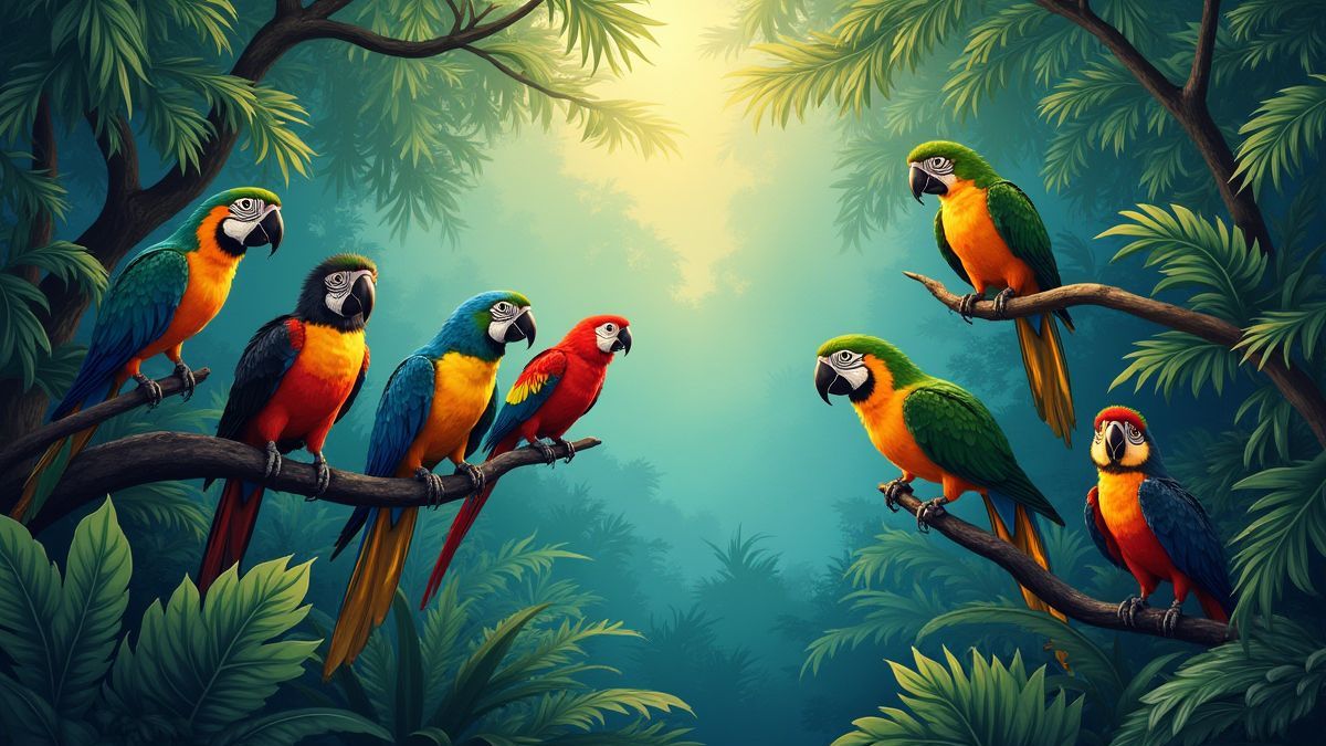 Una selva vibrante con aves coloridas posadas en las ramas.