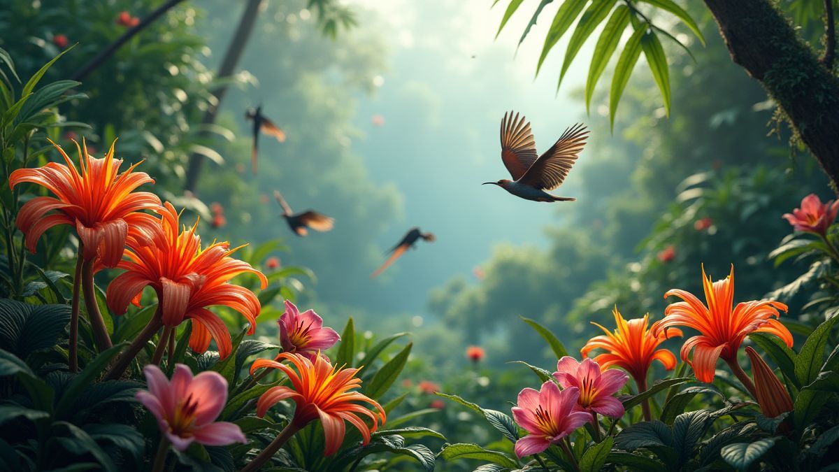 Flores exóticas floreciendo en una selva mientras las aves vuelan alrededor.