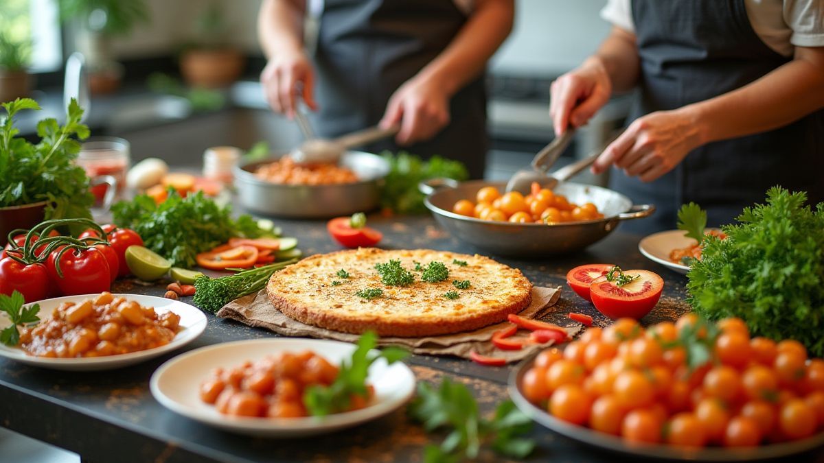Estação de cozinha criativa com ingredientes frescos e pratos coloridos.