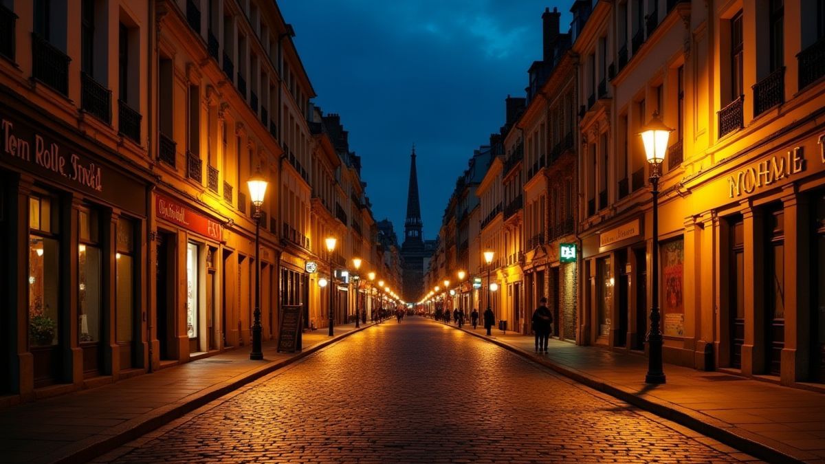 Calle adoquinada en Paris iluminada por farolas.