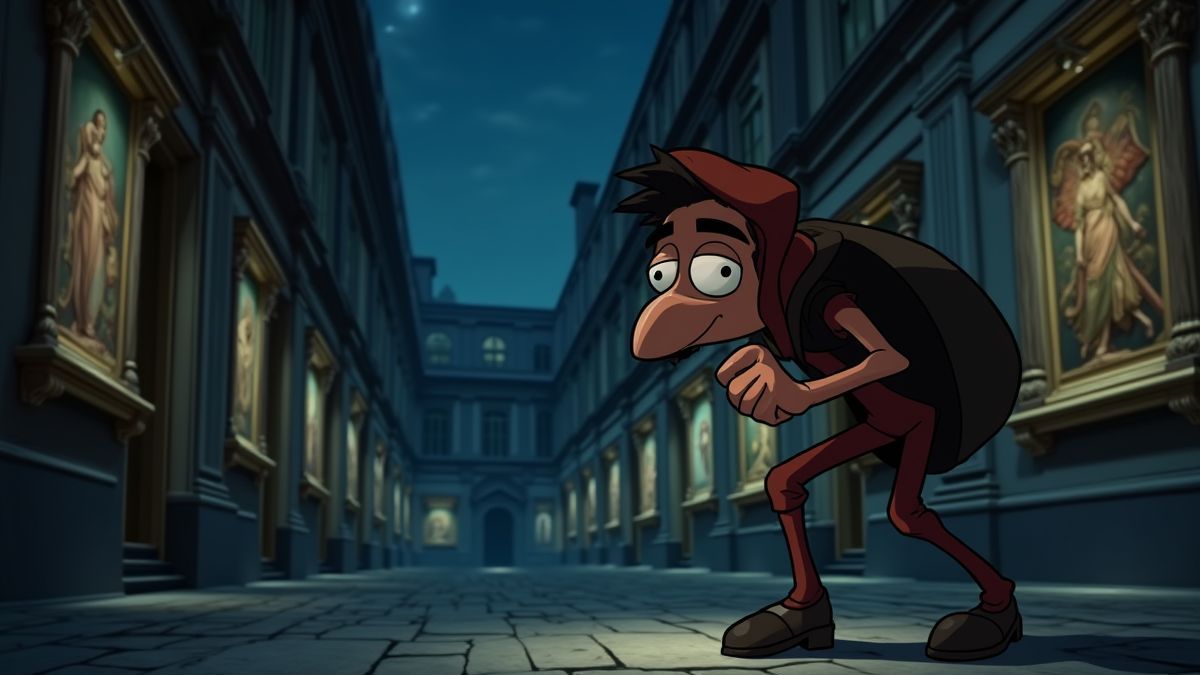 Ladrón animado merodeando en un museo parisino.