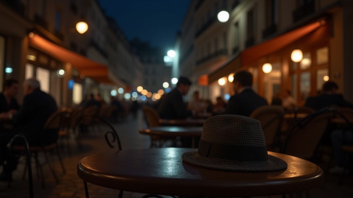 Nighttime Parisian café with a detective's hat on a table.