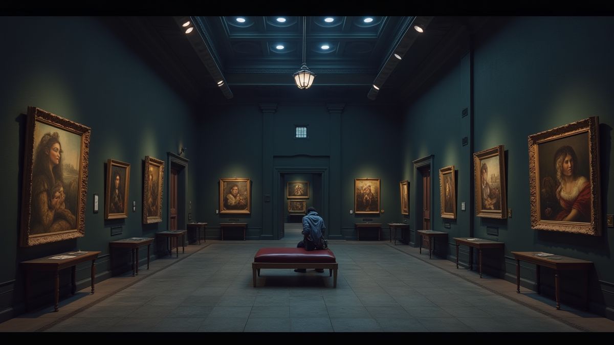 Nighttime museum with paintings and a thief sneaking in.