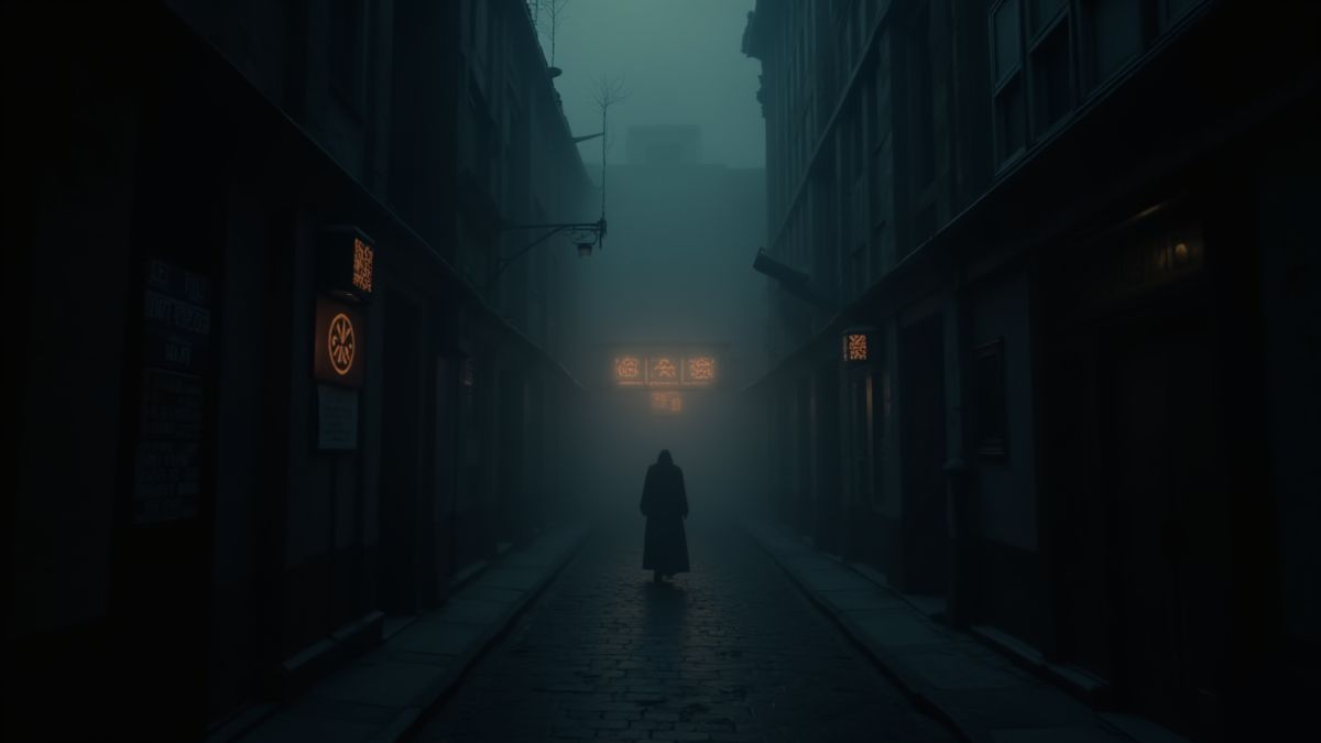 Donkere straat met gloeiende symbolen en mysterieuze mist.