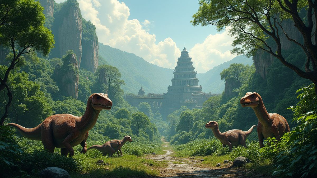 Uma jungla pré-histórica com dinossauros e ruínas antigas.